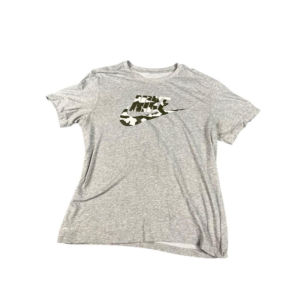 Nike Dri-Fit Gray Camo Logo T-Shirt Men's Large Athletic Tee Made in Egypt *